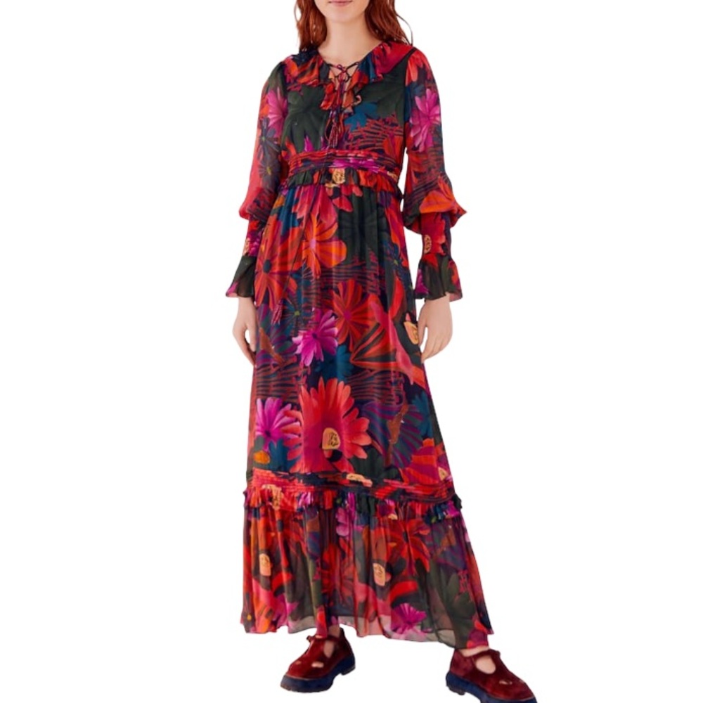 Farm Rio Bird Flowers long sleeve ruffled lace up maxi dress size XS